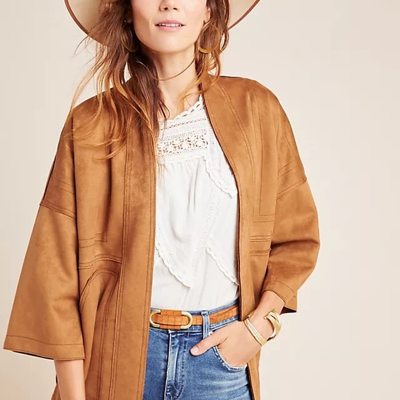 Anthropologie Jackets & Blazers - Faux Suede Kimono Jacket Tan Open Front Bell Sleeves Size XS